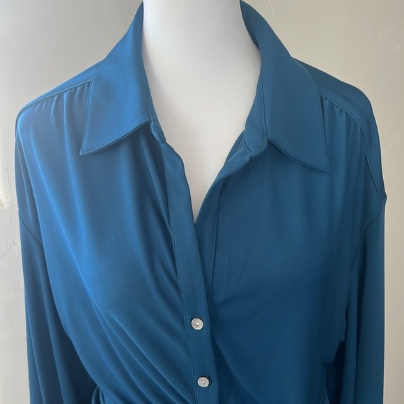 Cinq a Sept brand new dress. Long ruched sleeve. Beautiful Laguna color - Picture 2 of 7